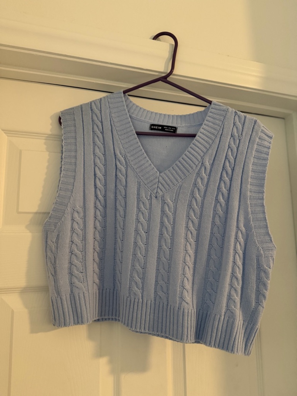 SHEIN Pastel Blue Cable Knit V-Neck Sweater Vest